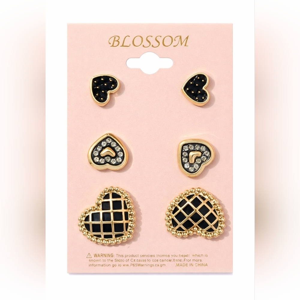 💖 Gold & Black Heart Stud Earrings Set | Chic Romantic Jewelry